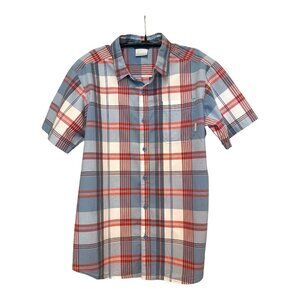 Columbia Red, White & Blue Plaid Button Up Short Sleeve Shirt Men's Size Medium
